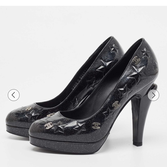 Chanel Black Glitter Star Embossed Patent Leather CC Embellished Platform Pumps - Picture 14 of 16